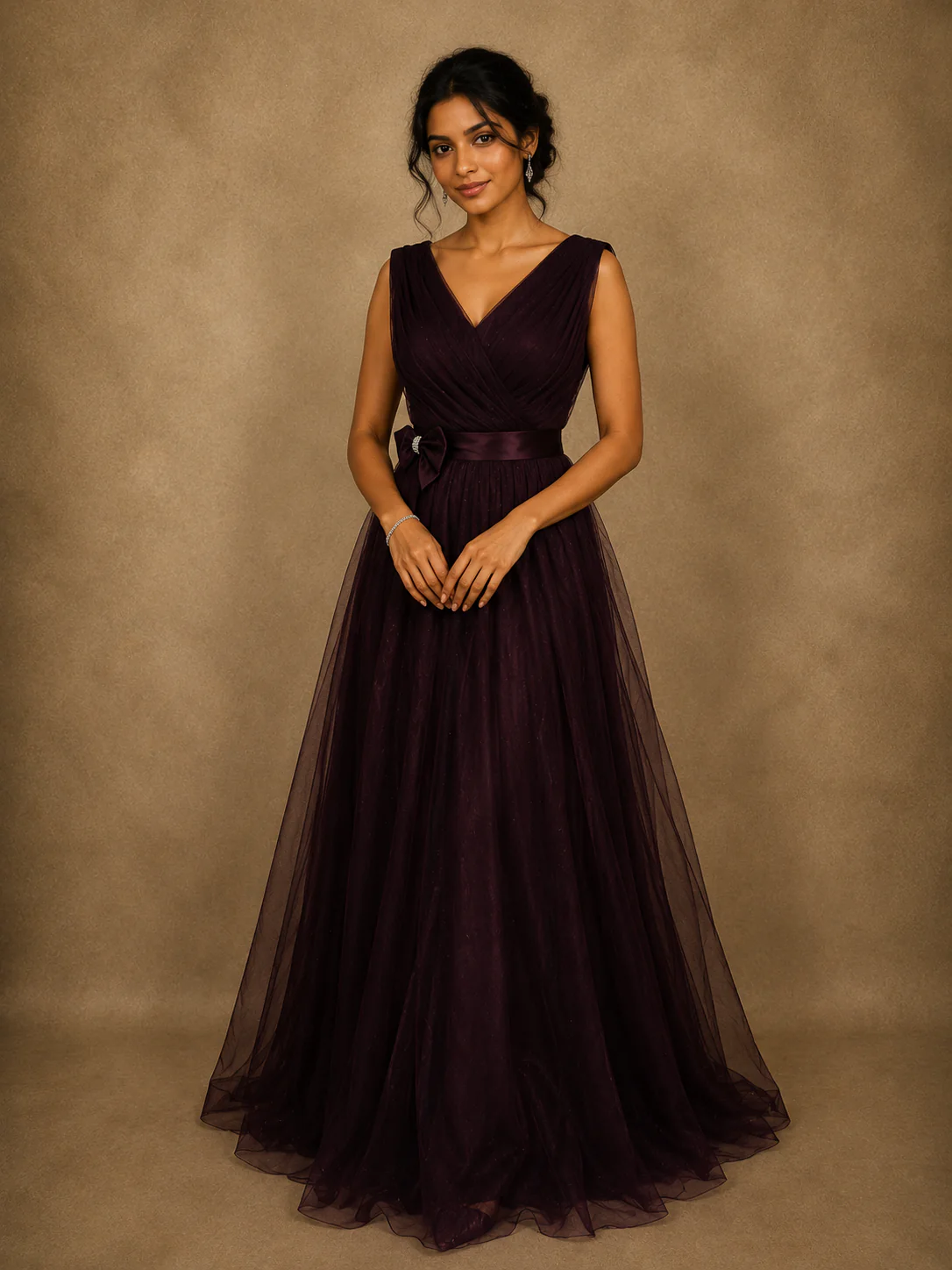 Deep Wine Burgundy Pleated Design Net Party Wear Gown with Bow Waist Detail